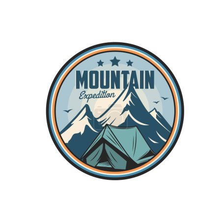 Illustration for Mountain expedition icon, mountaineering camp and climbing club vector badge. Mountain tourism and outdoor hiking sport, trekking or camping and alpine expedition symbol with stars and mount rock - Royalty Free Image