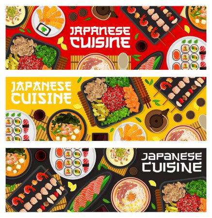 Illustration for Japanese cuisine meals banners, Asian food dishes and traditional meals, vector. Japan cuisine sushi, seafood kushiyaki and sashimi from salmon, beef teriyaki noodles and shiitake miso soup - Royalty Free Image