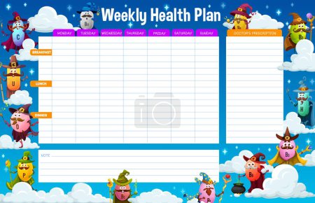 Ilustración de Weekly medication plan. Cartoon vitamin wizard and mage characters on clouds. Vector health schedule with daily meals dieting, doctor prescriptions and field for notes. Timetable planner for week - Imagen libre de derechos