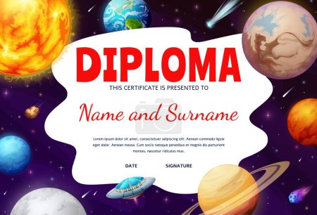 Illustration for Kids astronaut diploma. Galaxy space planets, UFO and stars. Elementary school children competition winner award or child achievement appreciation certificate or diploma with Solar System planets - Royalty Free Image