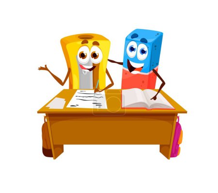 Téléchargez les illustrations : Cartoon sharpener and eraser characters in school. Back to school, children education, student stationery and supplies cute personages, isolated vector pencil sharpener, eraser sitting at school desk - en licence libre de droit