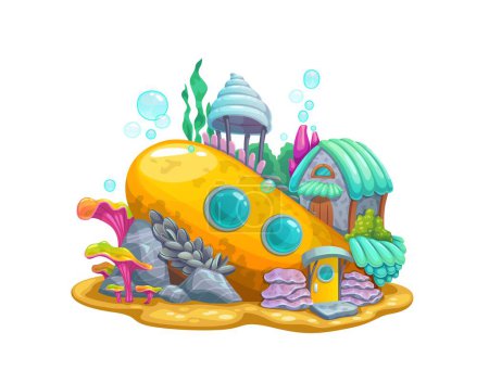 Illustration for Underwater cartoon sunken submarine house building. Vector sub boat dwelling with portholes, roof, door, seaweeds and corals around on sandy seafloor. Undersea living architecture with shells on body - Royalty Free Image