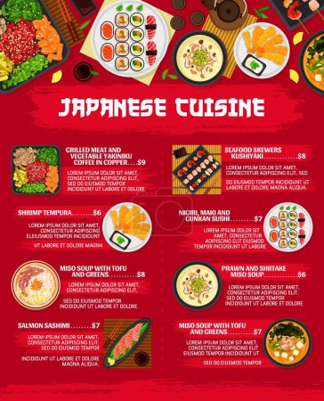 Illustration for Japanese cuisine menu, restaurant dishes and Asian food meals, vector lunch and dinner. Japanese cuisine food bowls with sushi, sashimi and beef teriyaki noodles, seafood kushiyaki and shrimp tempura - Royalty Free Image