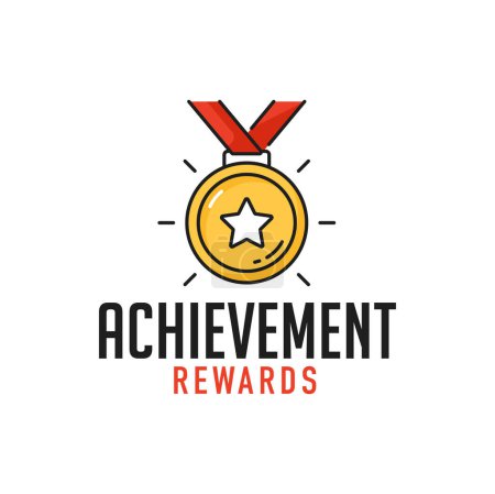 Illustration for Business achievement, leadership and success outline icon. Team contest victory thin line symbol, company leadership and business achievement vector pictogram or sign with golden medal on ribbon - Royalty Free Image