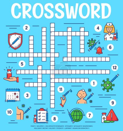 Illustration for Virus vaccine and vaccination. Crossword grid worksheet. Find a word quiz, vocabulary game, crossword puzzle or riddle vector page with vaccination calendar, vaccine syringe and nurse, virus cells - Royalty Free Image