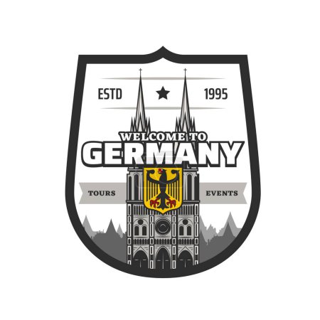 Téléchargez les illustrations : Germany travel vector icon with medieval Catholic cathedral and imperial eagle. German travel landmark and heraldic coat of arms isolated shield badge of welcome to Germany and tourism design - en licence libre de droit