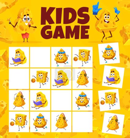 Illustration for Sudoku game worksheet cartoon maasdam and gouda cheese characters. Kids vector riddle with cartoon personages on chequered board. Educational task for children sparetime activity, recreation boardgame - Royalty Free Image