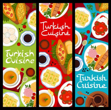 Téléchargez les illustrations : Turkish cuisine restaurant banners. Nuts dessert Baklava, meatballs Kofte and tomato chicken soup, tea, bread Pide with meat and cheese, Iskender kebab and Turkish coffee, meat dumplings Manti - en licence libre de droit