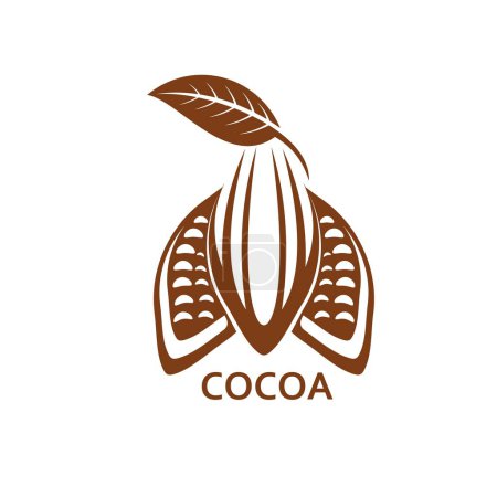 Téléchargez les illustrations : Cocoa, chocolate cacao bean icon for choco products or package, isolated vector. Cocoa bean or cacao tree plant seeds, peeled pod and leaves, for sweet food and cocoa desserts label - en licence libre de droit