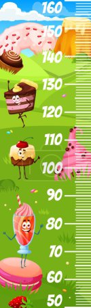 Illustration for Kids height ruler cartoon desserts, pastry and cake characters, growth meter. Vector funny scale for baby height measurement with candy, chocolate pie, cupcake or macaroon or cocktail cute personages - Royalty Free Image