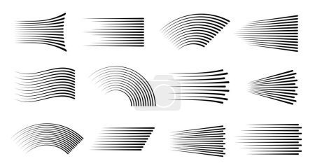 Ilustración de Speed motion lines, fast effect of black line pattern, vector background with light ray elements. Speed motion or flash blast lines, web technology energy beam bursts and linear strips of fast action - Imagen libre de derechos