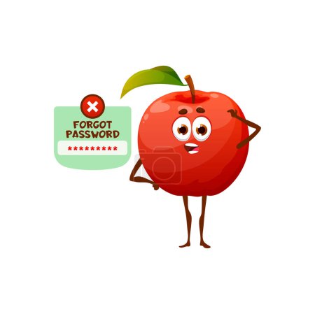Illustration for Forgot password cartoon apple character. Isolated vector funny fruit personage with confused face scratching head trying to remember personal information to enter email or online account in internet - Royalty Free Image