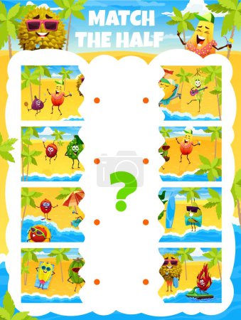 Ilustración de Match half of cartoon fruits characters on summer beach party, vector game quiz. Picture match puzzle worksheet to find same part or correct piece of durian, cherimoya and fig at sea beach holiday - Imagen libre de derechos