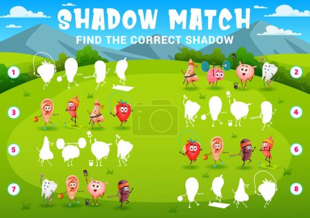 Téléchargez les illustrations : Shadow matching game, cartoon funny human organs sportsman characters, vector quiz. Shadow match puzzle with heart on fitness sport, ear playing basketball and kidney on yoga or brain on gym workout - en licence libre de droit