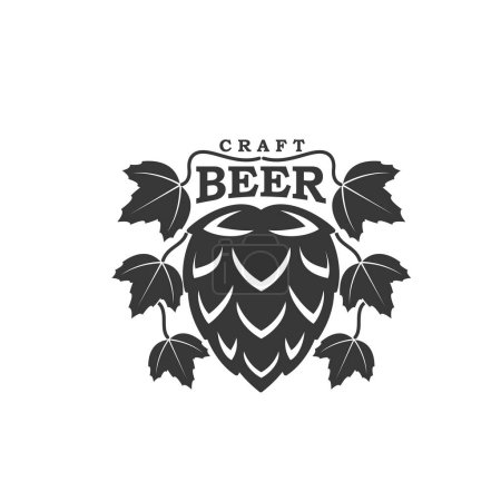 Illustration for Craft beer brewery symbol. Bar or pub, restaurant alcohol drink menu vector icon or sign. Beer local brewery, ale and lager production monochrome emblem with hops plant flower and leaves - Royalty Free Image