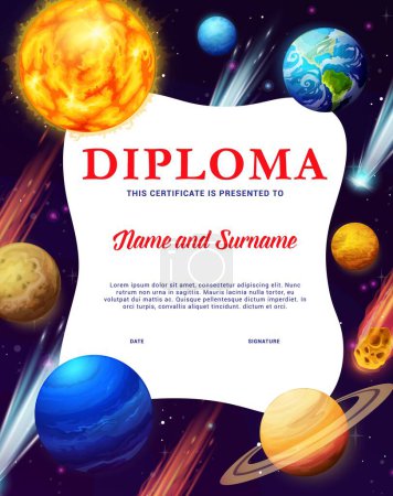 Illustration for Kids diploma of space explorer, cartoon galaxy planets and stars. Vector certificate with cartoon solar system and universe objects. Astronomy science education, school award frame or border template - Royalty Free Image