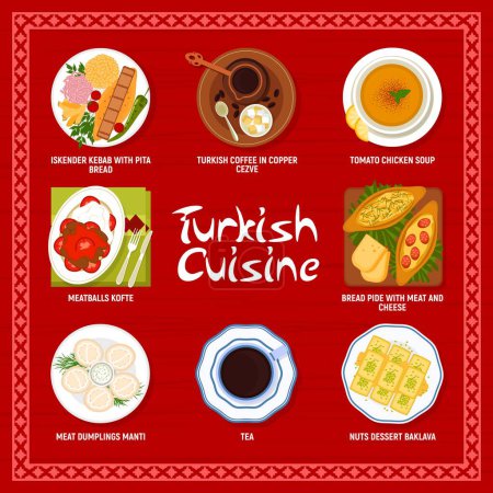 Téléchargez les illustrations : Turkish cuisine menu page. Iskender kebab with pita, Turkish coffee in copper cezve and tea, tomato chicken soup, meatballs Kofte and dessert Baklava, dumplings Manti, bread Pide with meat and cheese - en licence libre de droit