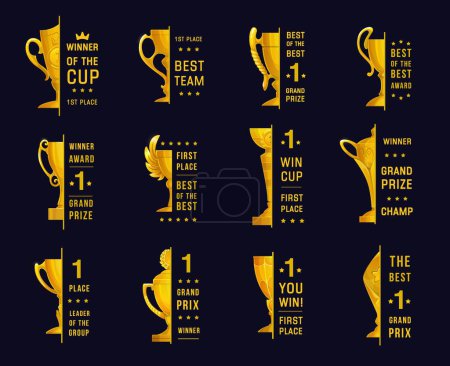 Téléchargez les illustrations : Winner and first place labels with golden trophy bowl. Competition victory triumph, sport tournament winning award and business career success vector symbols with first place holder golden cup or bowl - en licence libre de droit