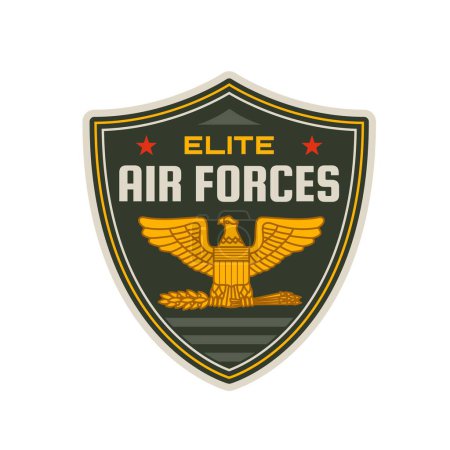 Ilustración de Elite air forces icon of vector military badge with gold eagle, spread wings, arrows and stars. Air forces or aircraft armed services patch, emblem and insignia with isolated heraldic shield and bird - Imagen libre de derechos
