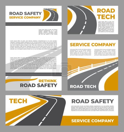 Illustration for Safety roads service industry posters. Speed highway safety leaflets or information flyers, motorway asphalt service company vector banners with road lines - Royalty Free Image