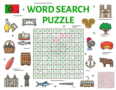 Téléchargez les illustrations : Portugal symbols word search puzzle game worksheet, vector riddle. Search word puzzle to search and find words in grid, Portuguese landmarks, flag with rooster and tram, cheese and sardines - en licence libre de droit