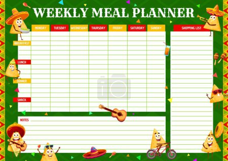 Illustration for Weekly meal planner with mexican nachos characters. Diet meal weekly schedule organizer, food shopping list or planner with cheerful mexican nachos chips playing on music instruments, riding bike - Royalty Free Image