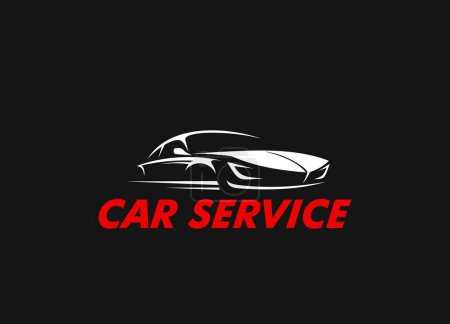 Illustration for Car service, automobile repair garage station icon. Vehicle maintenance service center, car mechanic workshop vector emblem or symbol with modern luxury auto white silhouette and typography - Royalty Free Image
