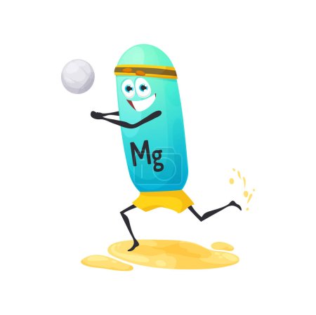 Illustration for Cartoon magnesium micronutrient character playing to volleyball. Funny vector vitamin or mineral personage summer sports activity with ball on sandy beach. Mg blue bubble character on vacation - Royalty Free Image