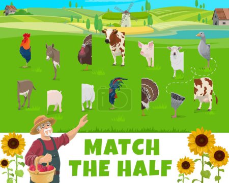 Téléchargez les illustrations : Match half of farm animals, game quiz worksheet, vector riddle. Picture match game to find same part or correct piece of farm cattle cow, pig and sheep with chicken rooster and turkey bird - en licence libre de droit