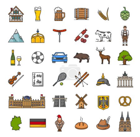 Téléchargez les illustrations : Color Germany landmarks, food, industry and travel outline icons. German culture, Europe travel line icons. Timbered house, beer tankard, alps and sausage, boar, deer and Brandenburg gate - en licence libre de droit