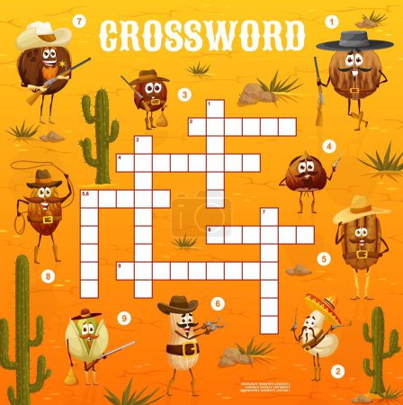 Téléchargez les illustrations : Wild west nut sheriff, cowboys and bandits characters. Crossword grid. Word quiz game vector worksheet or educational riddle with coconut, pistachio, walnut and pecan, cashew, almond and hazelnut - en licence libre de droit
