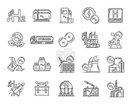 Illustration for Hydrogen icons. Renewable and sustainable energy source outline symbols. Hydrogen gas fuel thin line pictograms, green power outline vector icons set with gas tank, lab flasks and solar power plant - Royalty Free Image