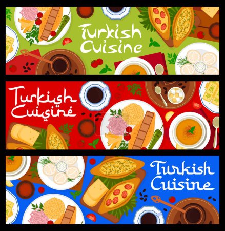 Téléchargez les illustrations : Turkish cuisine meals banners. Iskender kebab with pita, Turkish coffee in copper cezve and tea, meatballs Kofte, bread Pide with cheese and dumplings Manti, tomato chicken soup, nuts dessert Baklava - en licence libre de droit