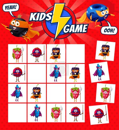 Téléchargez les illustrations : Sudoku kids game cartoon superhero berry characters. Vector brain teaser worksheet riddle with raspberry, cranberry, blackberry and honeyberry on chequered board. Educational task for children - en licence libre de droit