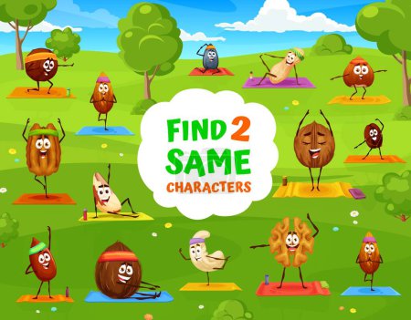 Ilustración de Find two same cartoon nuts on yoga fitness, vector quiz game worksheet. Coconut with walnut and peanut or hazelnut on sport fitness and yoga exercise or outdoor activity in find same characters game - Imagen libre de derechos