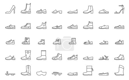 Illustration for Man and woman shoes line icons. High heel shoe, combat, cowboy, winter and rubber boots, man and woman sandals, sneakers sport footwear, moccasins, flip flops and slippers shoe vector icons - Royalty Free Image