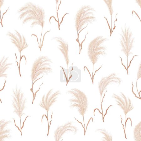 Illustration for Pampas grass seamless pattern background of dry boho flower plants, vector floral feather plume blossoms. Pampas grass background with leaves or reed pattern, Japanese wreath plant or dried flowers - Royalty Free Image