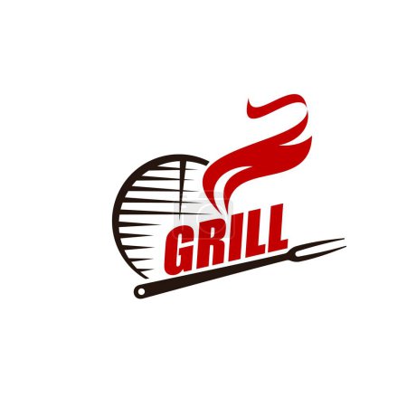 Téléchargez les illustrations : Grill and barbeque symbol. Butchery shop, BBQ bar, steakhouse or restaurant menu icon, grill tools and equipment shop vector sign, label or emblem with fork, charcoal fire smoke and grates - en licence libre de droit