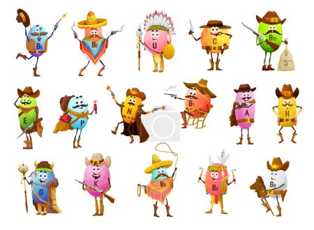 Illustration for Cartoon vitamin cowboys, bandits, rangers and indians characters. Vector B2, U, C, B12 and E. P, N, B1, A and H with D, K and B9 western horsemen and indigenous aboriginal personages - Royalty Free Image