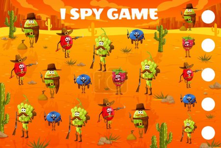 Téléchargez les illustrations : I spy game, cartoon berry rangers, cowboys and bandits on Wild West, vector quiz worksheet. Kids puzzle or riddle to find two same blueberry cowboy, raspberry ranger or gooseberry sheriff with grape - en licence libre de droit