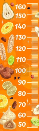 Téléchargez les illustrations : Dried fruits kids height chart. Vector growth meter, wall sticker for children height measurement with cartoon pear, pineapple, rinse and melon. Lemon slice, apricot, dates or rosehip and ruler scale - en licence libre de droit