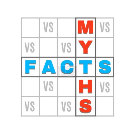 Ilustración de Myths vs facts icon. Truth and false, true versus lie, reality against fiction isolated badge. Fake news, fact checking or myth busting quiz emblem in shape of isolated crossword game grid - Imagen libre de derechos