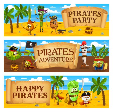 Téléchargez les illustrations : Cartoon vegetable pirates and corsairs characters for treasure island party, vector banner. Pirates theme game or kids birthday party invitation flyer with Caribbean vegetable characters and captains - en licence libre de droit