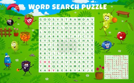 Ilustración de Cartoon berry characters on summer party, word search puzzle game worksheet. Vector kids quiz grid with gooseberry, strawberry, cloudberry and blueberry, honeysuckle, raspberry or blackberry - Imagen libre de derechos