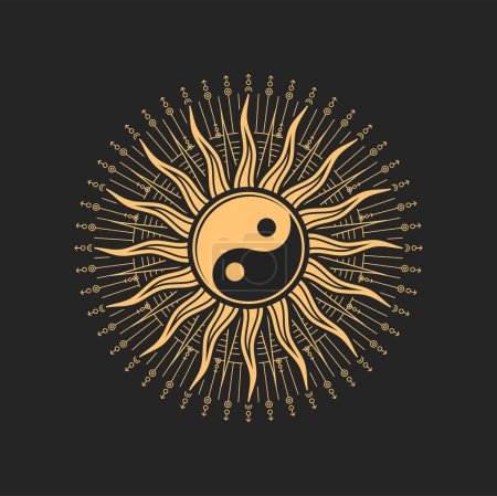 Illustration for Yin Yang symbol inside of sun esoteric occult or magic tarot sign. Isolated vector Buddhism religious sign of harmony, male and female beginnings. Buddhist amulet, round talisman, tattoo design - Royalty Free Image