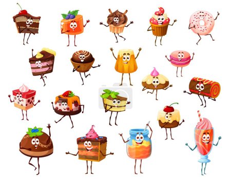 Téléchargez les illustrations : Cartoon cake, cupcake, jelly and cheesecake cheerful dessert characters. Donut, pie and pudding personages. Vector cute confectionery, pastry, honey jar and muffin, candies, roll or cocktail - en licence libre de droit
