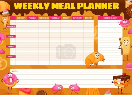 Téléchargez les illustrations : Weekly meal planner, cartoon bakery, sweets and dessert characters. Vector schedule, timetable, week food plan organizer with donut, ice cream, croissant, wafer and macaroon, cake or meringue pastry - en licence libre de droit
