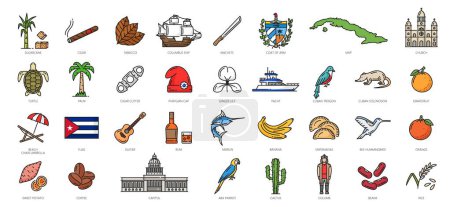 Illustration for Cuba outline icons, Havana travel landmarks and tourism attractions, vector color line symbols. Cuba flag and map, Capitol building and Columbus ship, Havana tourist sightseeing, culture and tradition - Royalty Free Image