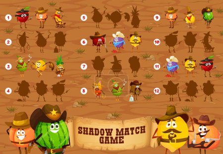 Téléchargez les illustrations : Shadow matching game, cartoon fruit cowboy, ranger, sheriff and robber characters, vector quiz. Watermelon cowboy, orange sheriff and lemon ranger with banana bandit on shadow matching puzzle game - en licence libre de droit