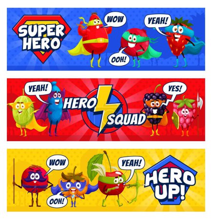 Téléchargez les illustrations : Cartoon superhero berry characters and hero squad. Vector banners with funny super hero blackberry, strawberry, raspberry and gooseberry, honeyberry, cloudberry or cranberry with cherry defenders - en licence libre de droit